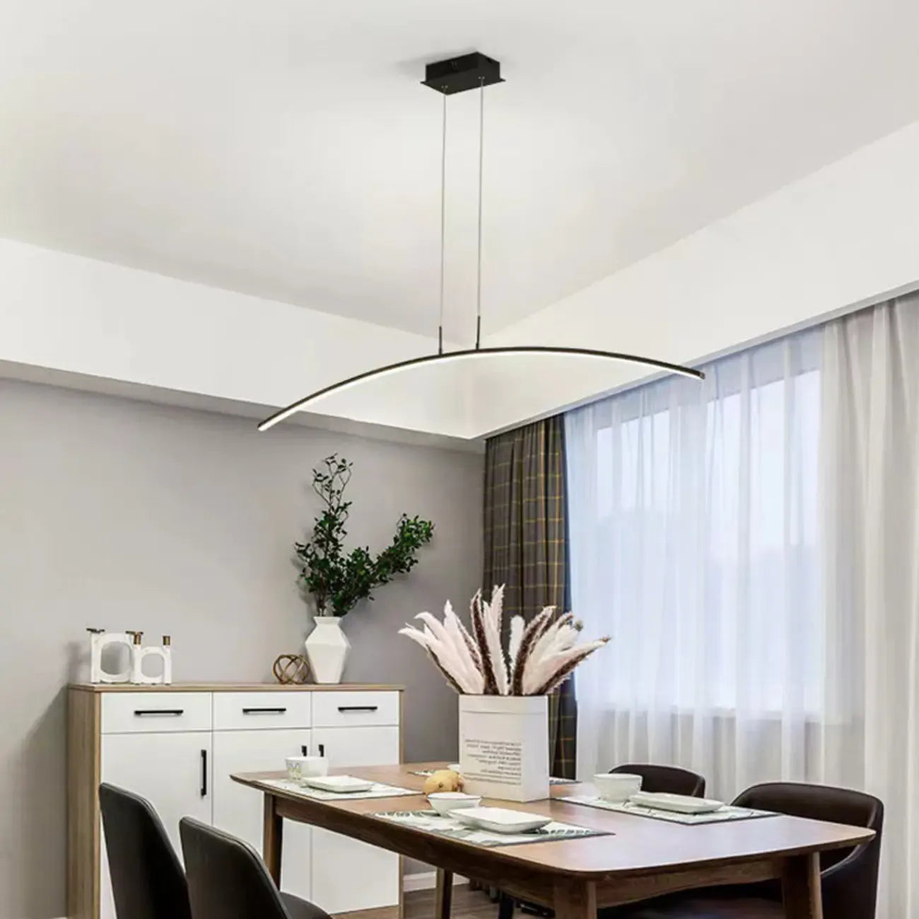 Black Linear Silica Gel Island Pendant Light Arch Shaped LED
