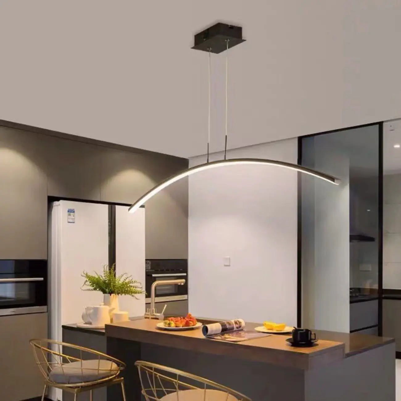 Black Linear Silica Gel Island Pendant Light Arch Shaped LED