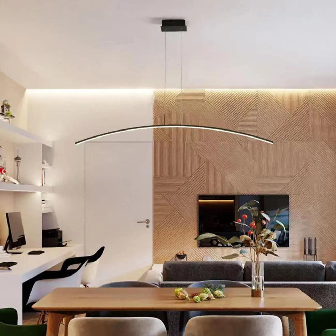 Black Linear Silica Gel Island Pendant Light Arch Shaped LED