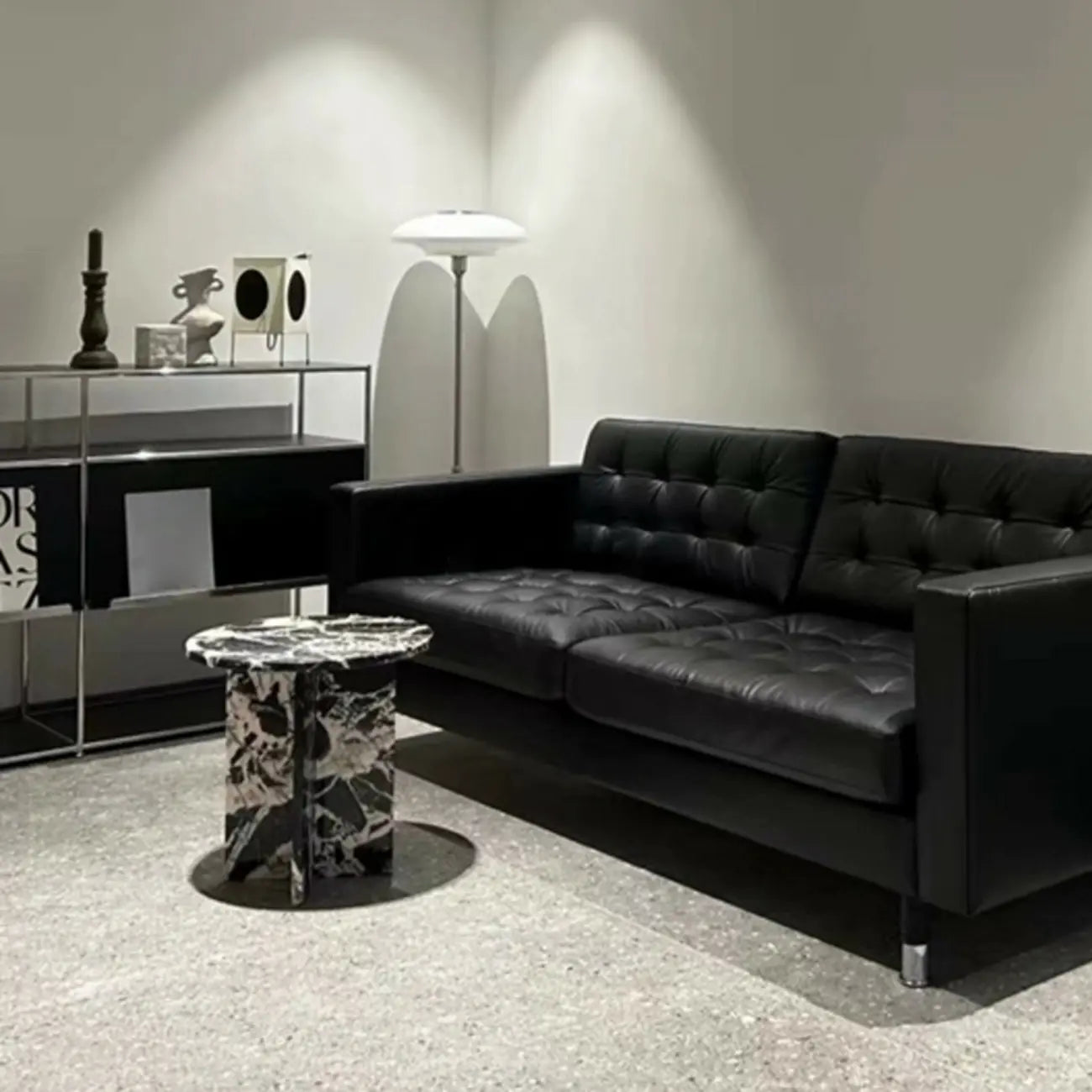 Unique Round Black Marble End Table for Living Room