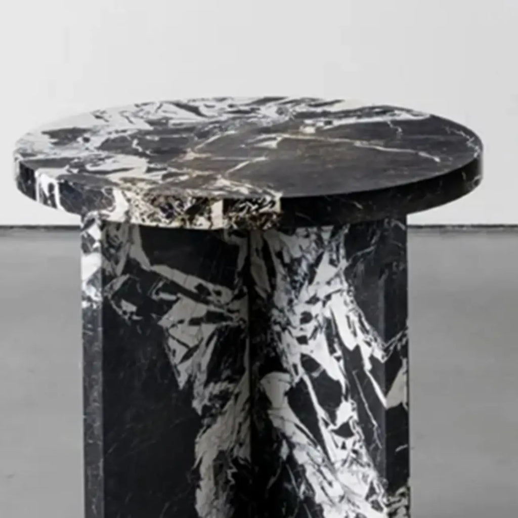 Unique Round Black Marble End Table for Living Room