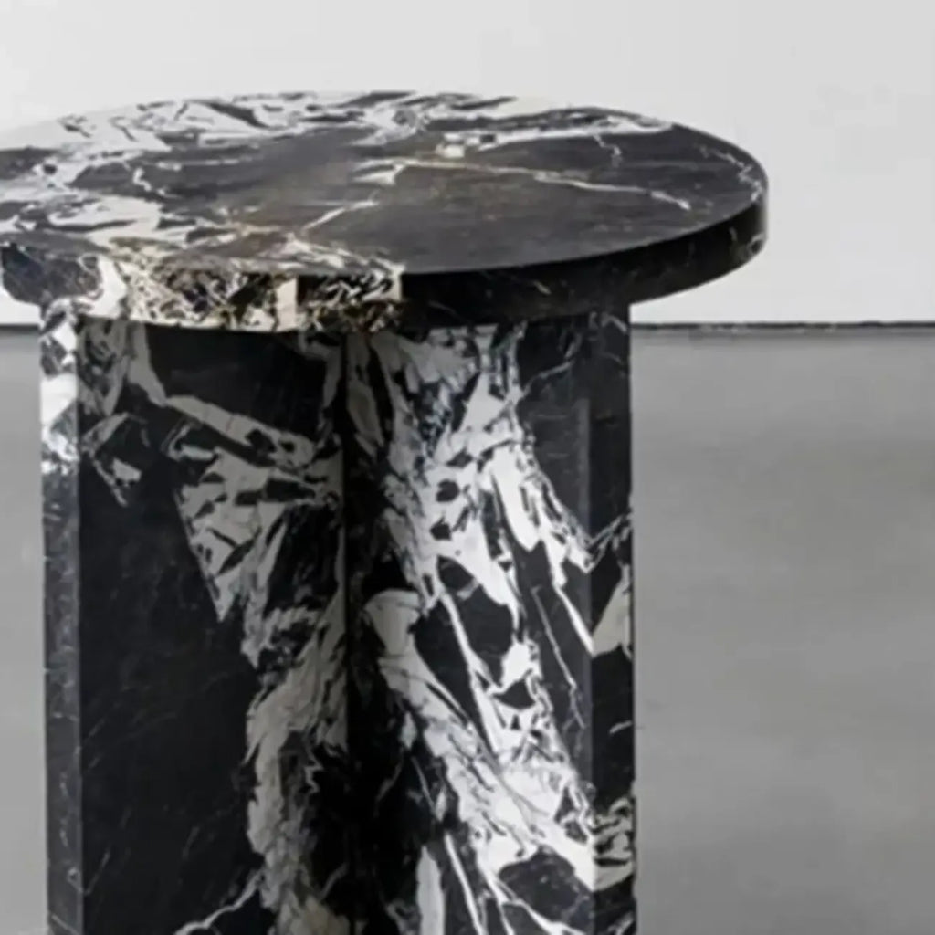 Unique Round Black Marble End Table for Living Room