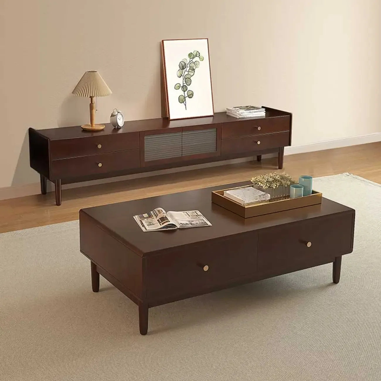 71 Rectangle Cherry Wood TV Stand with Cabinet & Drawers