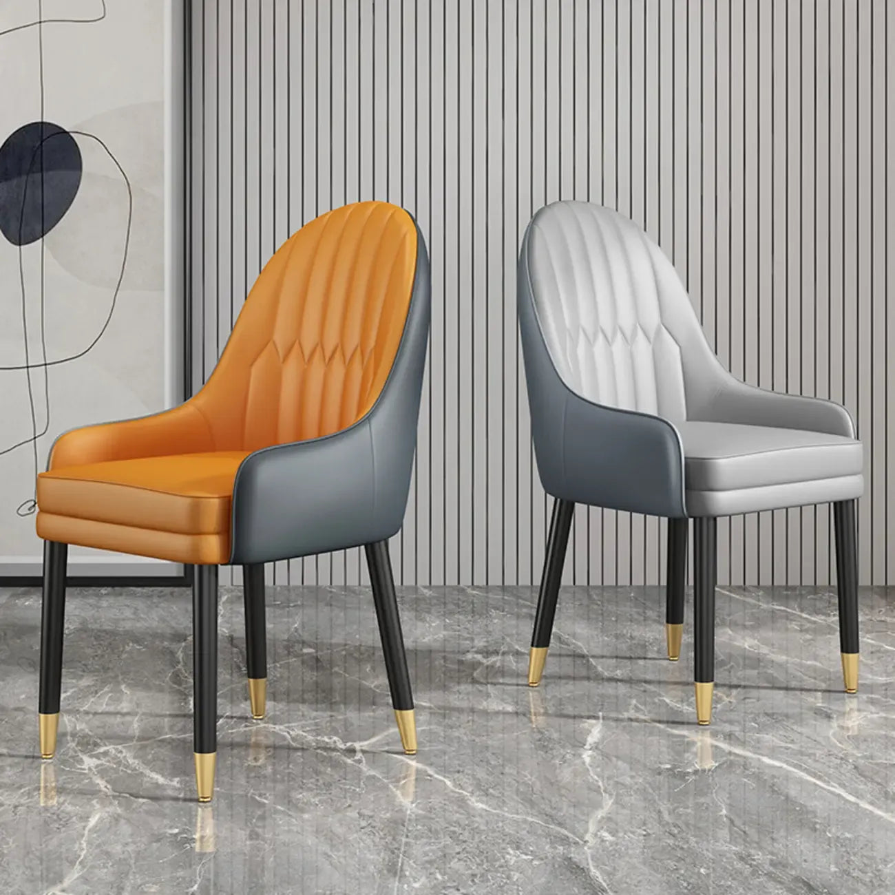 Faux Leather Dining Chair Color Block Sloped Arm with Metal Legs