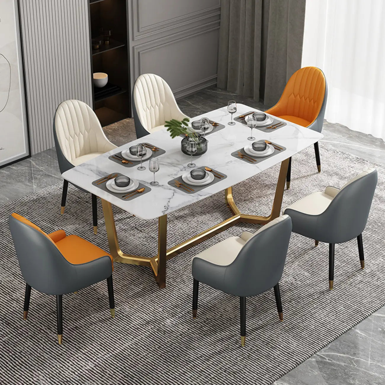 Faux Leather Dining Chair Color Block Sloped Arm with Metal Legs