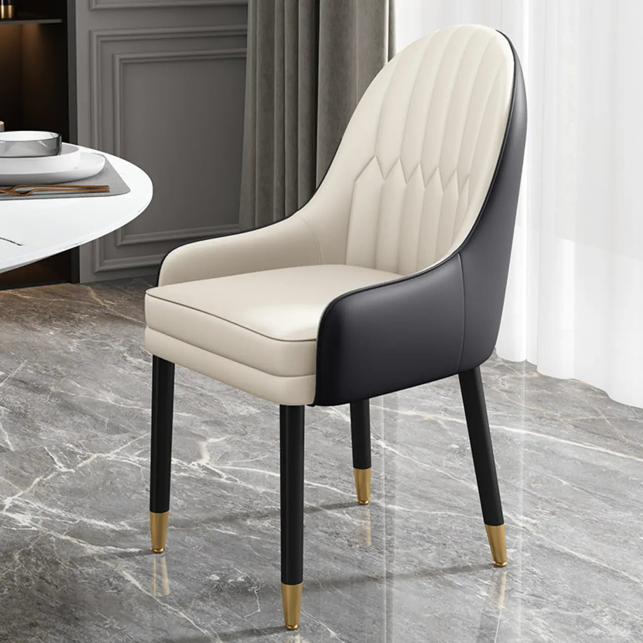 Faux Leather Dining Chair Color Block Sloped Arm with Metal Legs