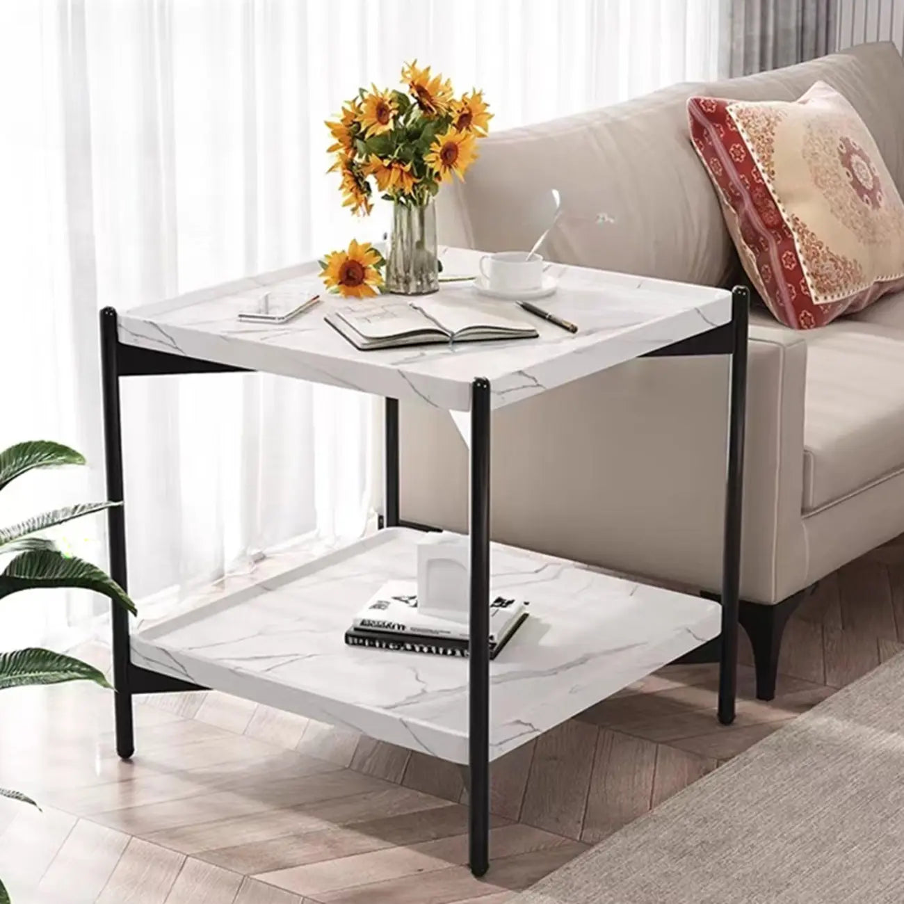 Glam 2-Tier Solid Wood End Table with Storage for Living Room