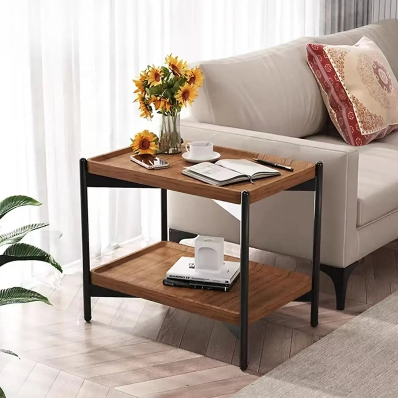 Glam 2-Tier Solid Wood End Table with Storage for Living Room