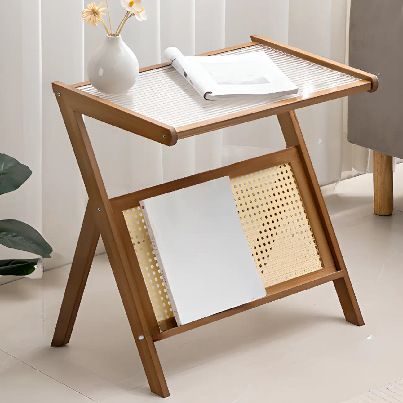 Elegant Wooden Foldable Rack Side Table for Living Room