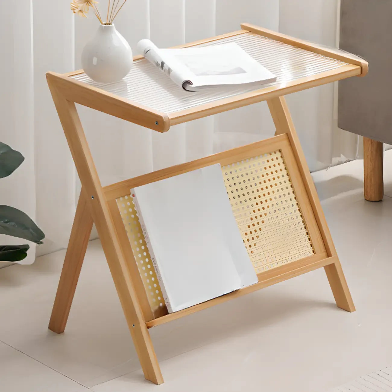 Elegant Wooden Foldable Rack Side Table for Living Room