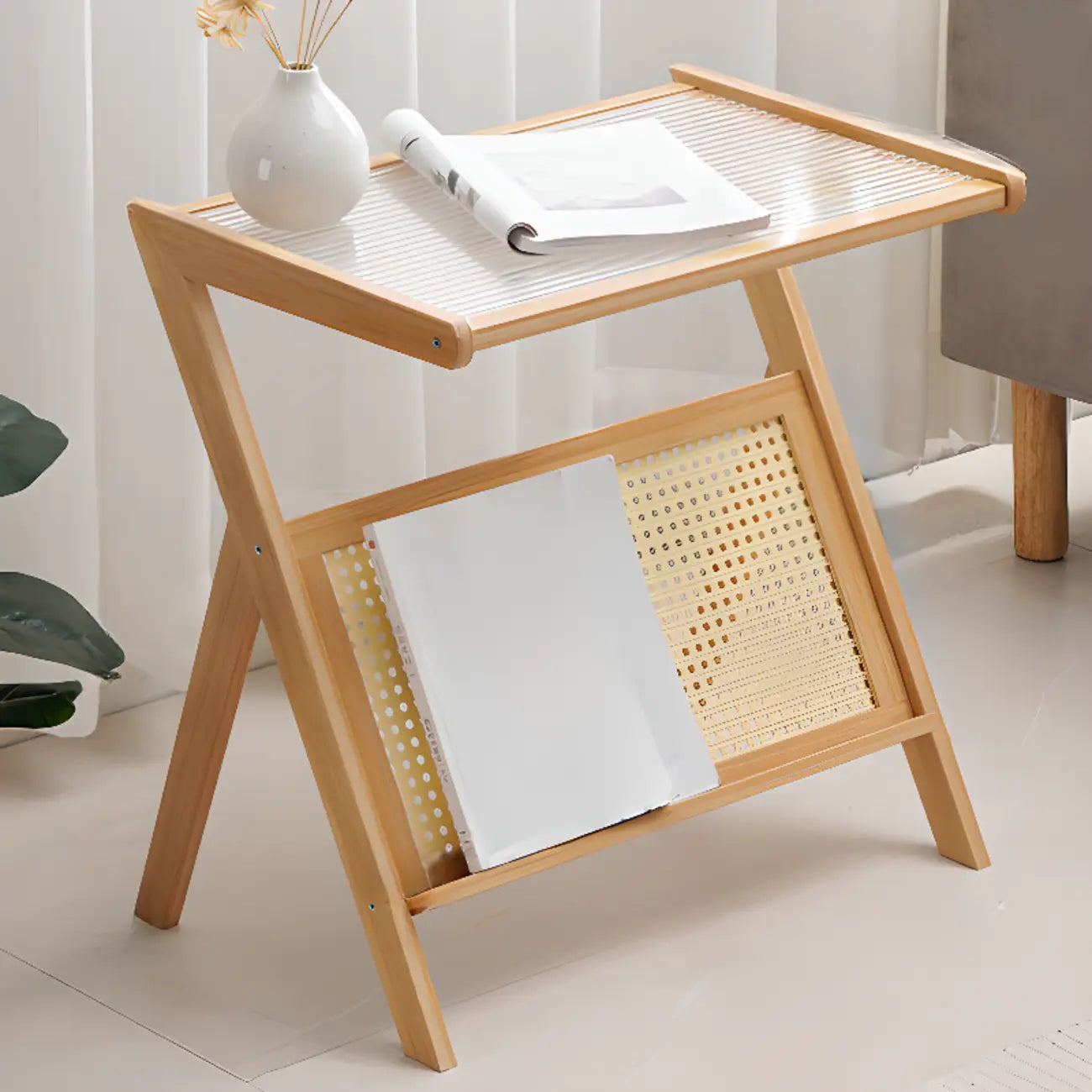 Elegant Wooden Foldable Rack Side Table for Living Room