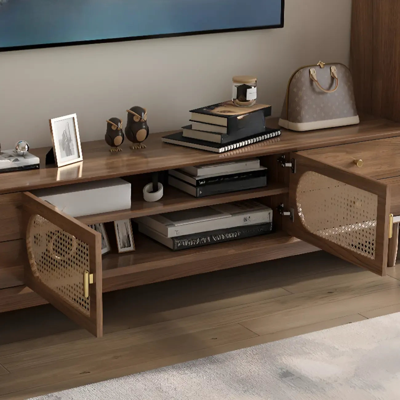 63 Brown Solid Wood TV Stand with 4-Drawers for Living Room