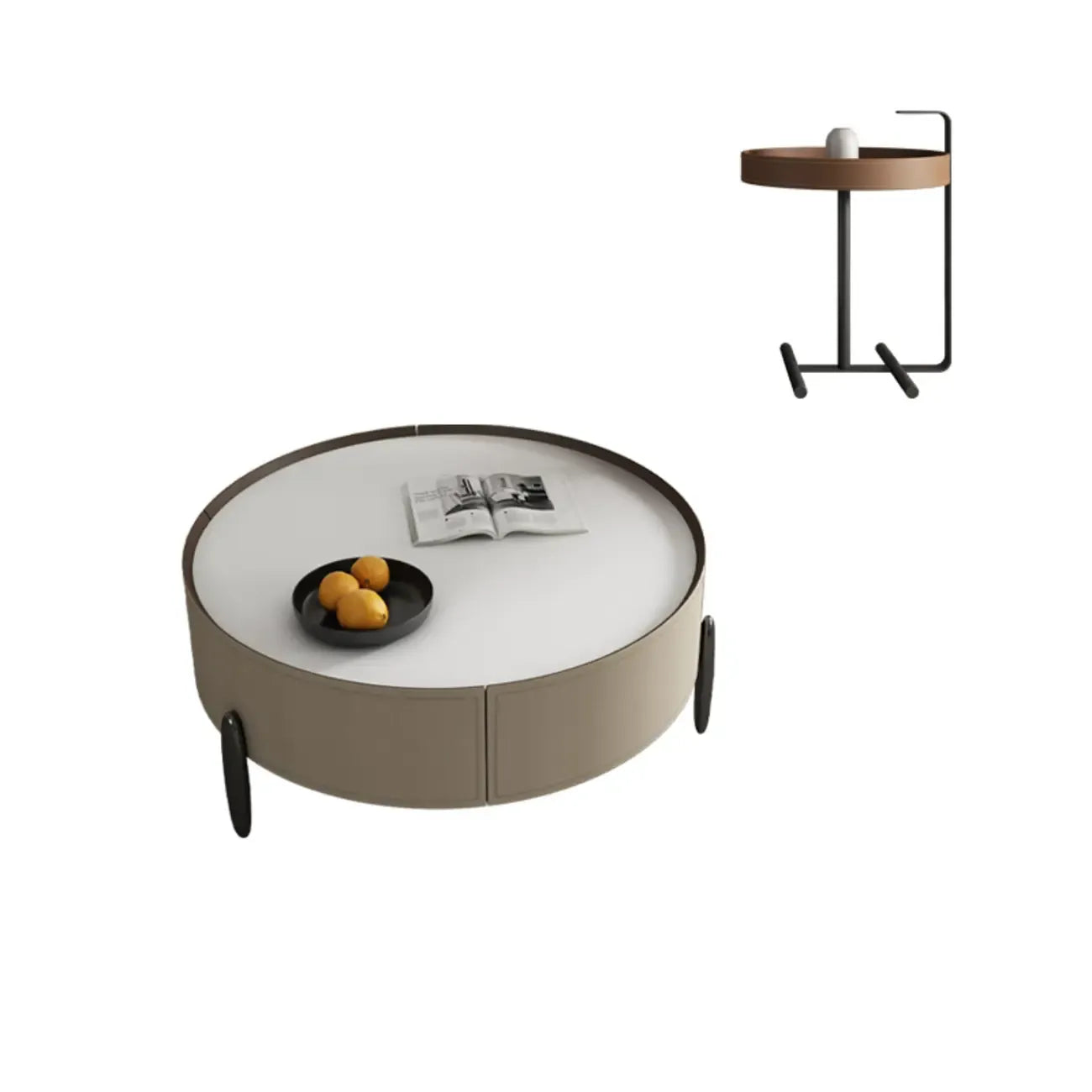 Modern Round Beige Coffee Table with Storage for Living Room