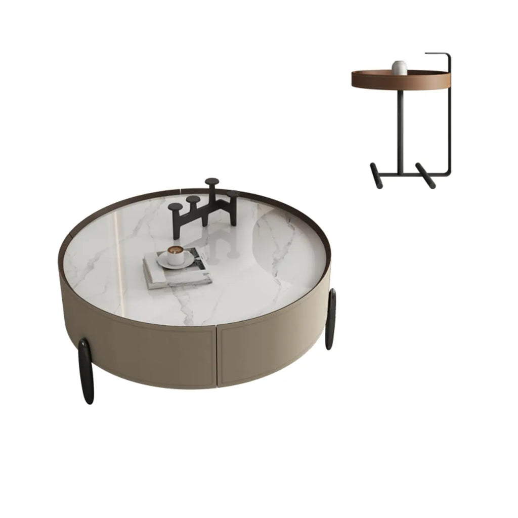 Modern Round Beige Coffee Table with Storage for Living Room