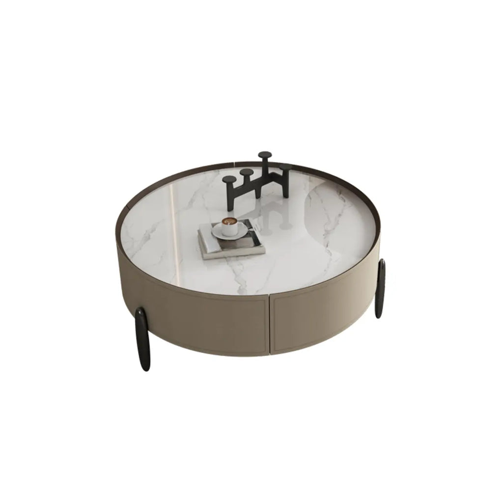 Modern Round Beige Coffee Table with Storage for Living Room