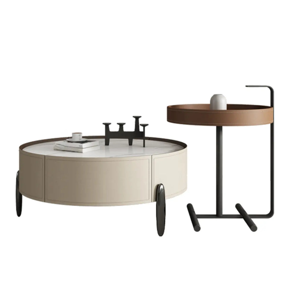 Modern Round Beige Coffee Table with Storage for Living Room