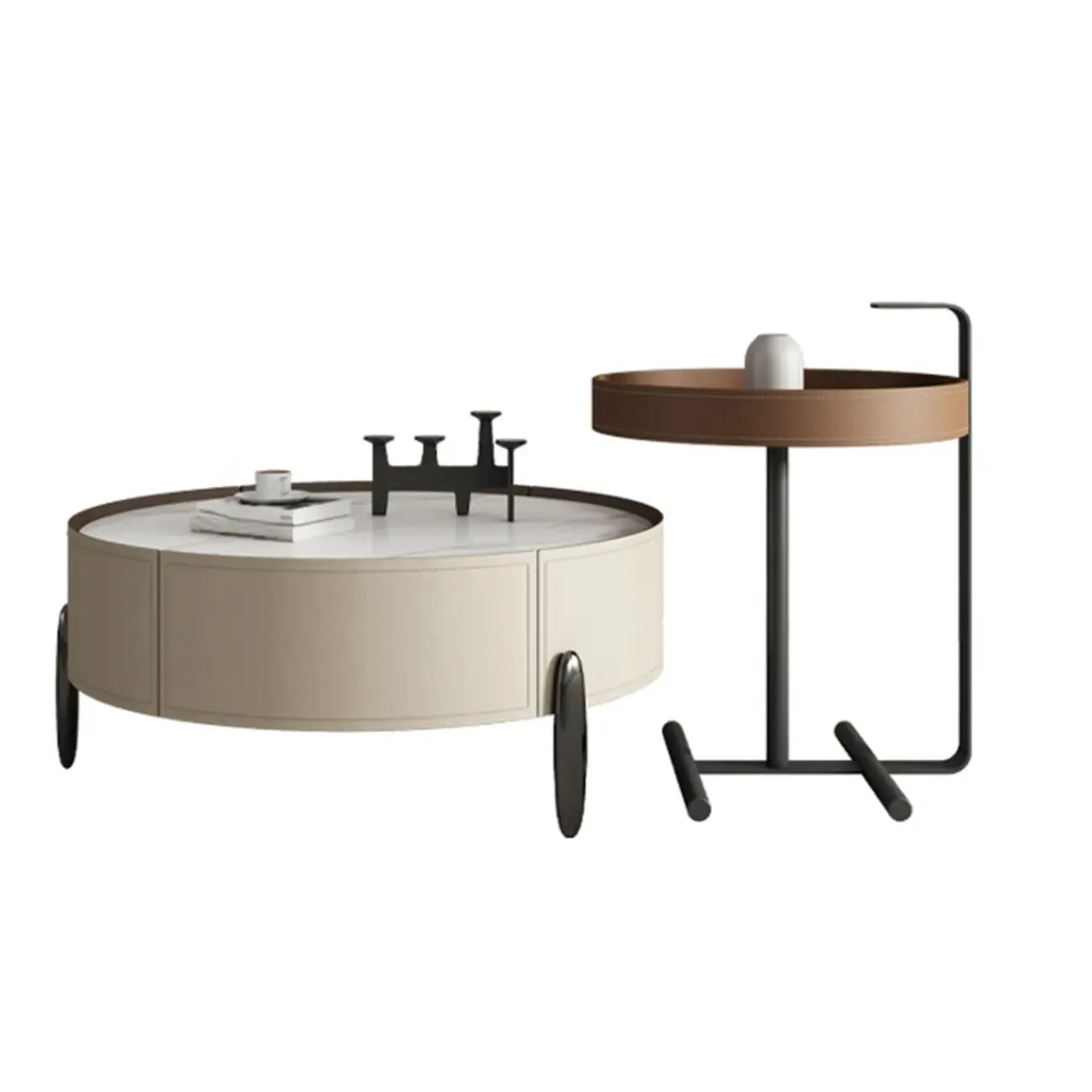 Modern Round Beige Coffee Table with Storage for Living Room