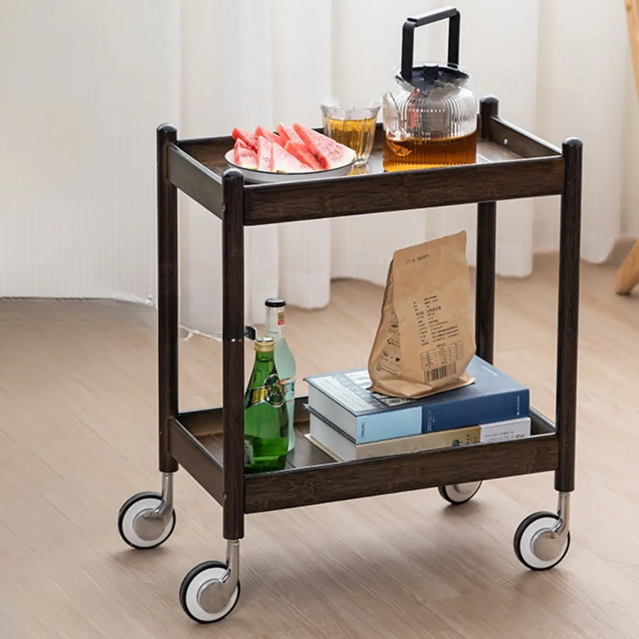 Wooden 2-Tier Side Table with Wheels for Living Room