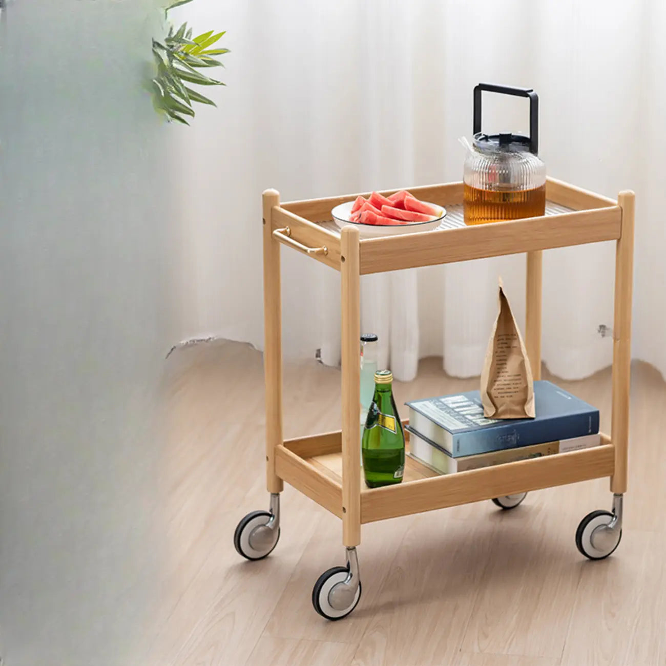 Wooden 2-Tier Side Table with Wheels for Living Room