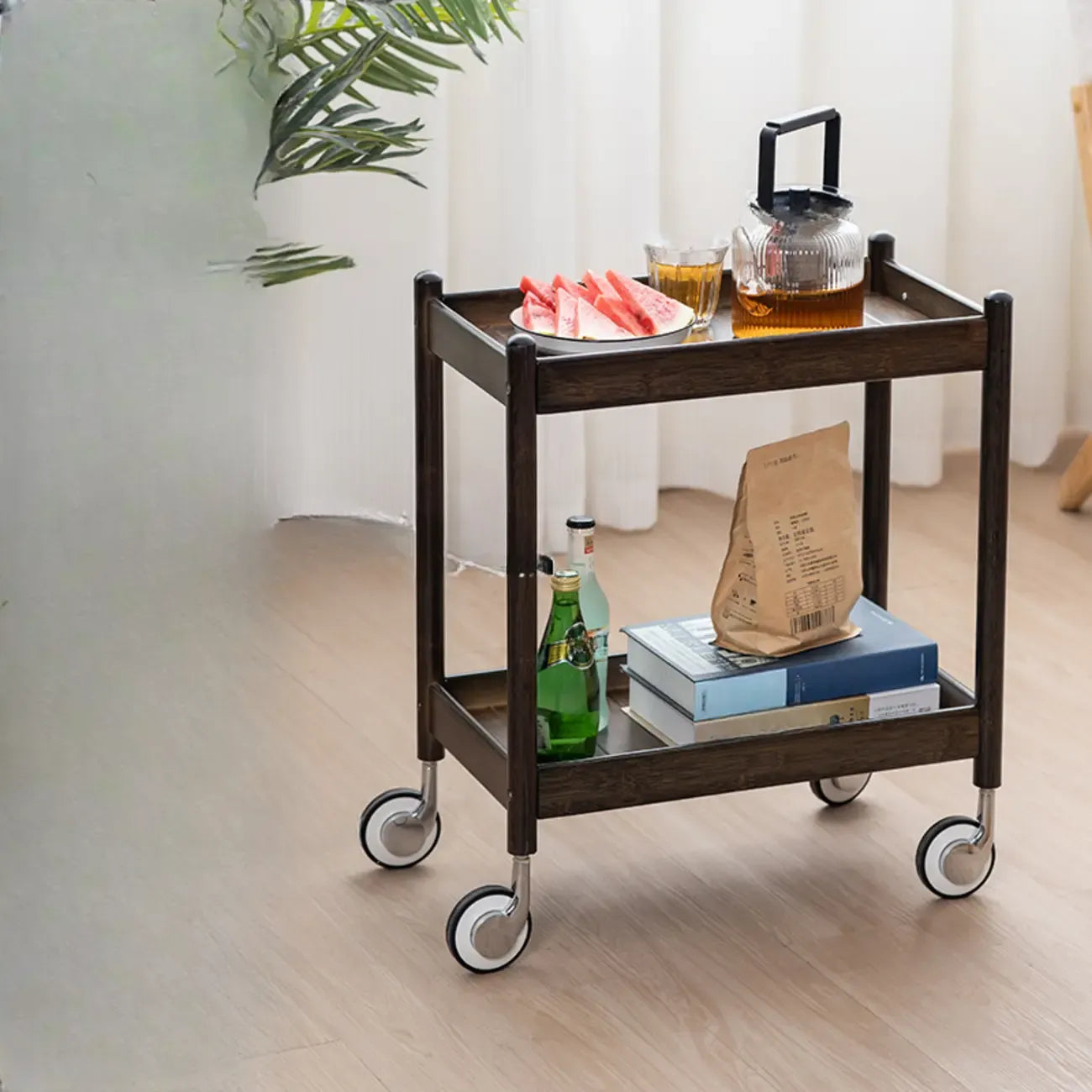 Wooden 2-Tier Side Table with Wheels for Living Room