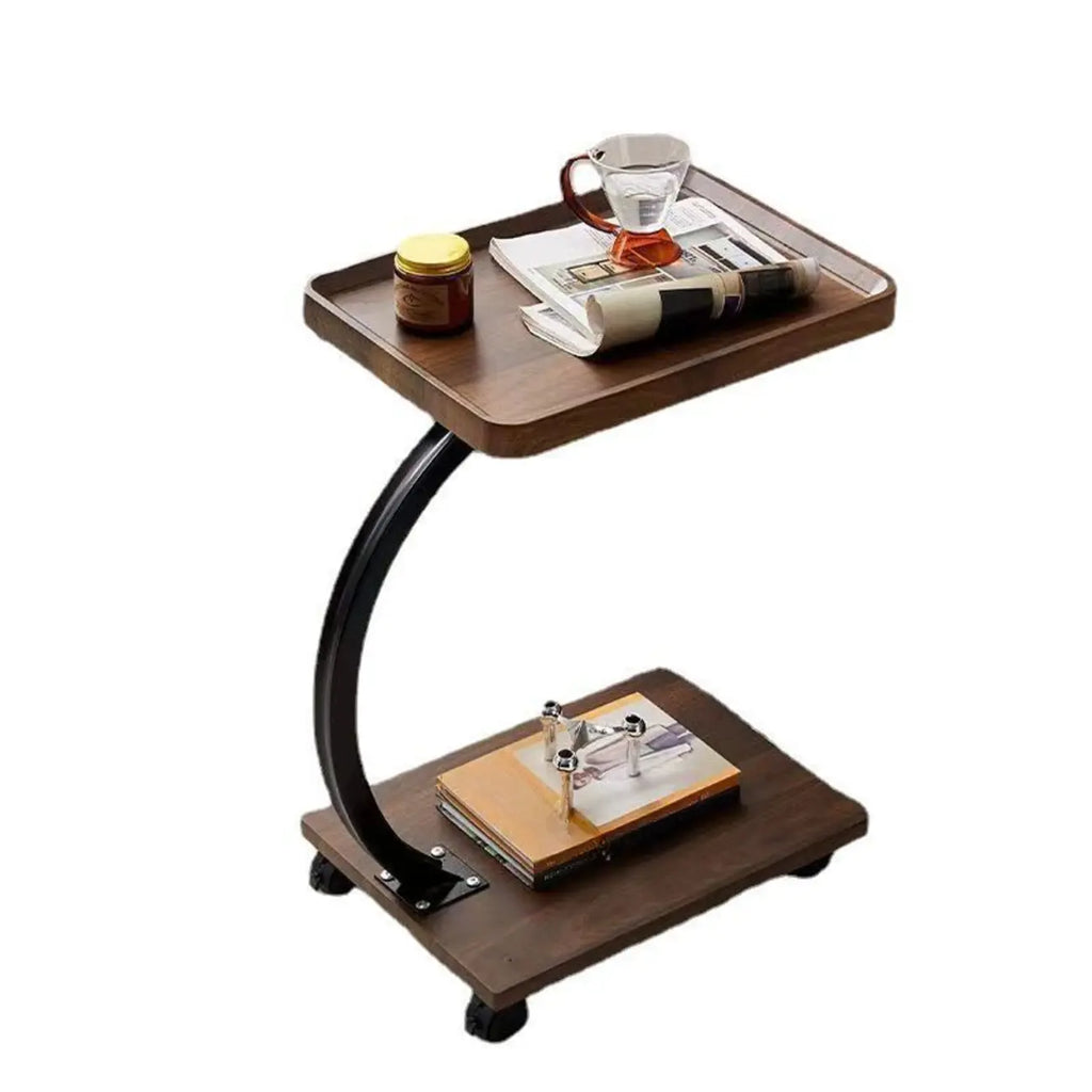 Wooden Round C-Shaped Side Table with Swivel Wheels