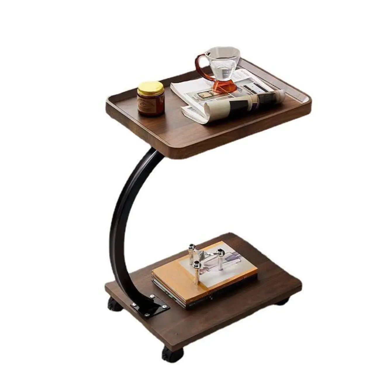 Wooden Round C-Shaped Side Table with Swivel Wheels