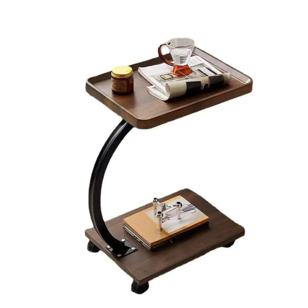 Wooden Round C-Shaped Side Table with Swivel Wheels