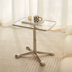 Adjustable Glass Side Table with Wheels and Metal Legs
