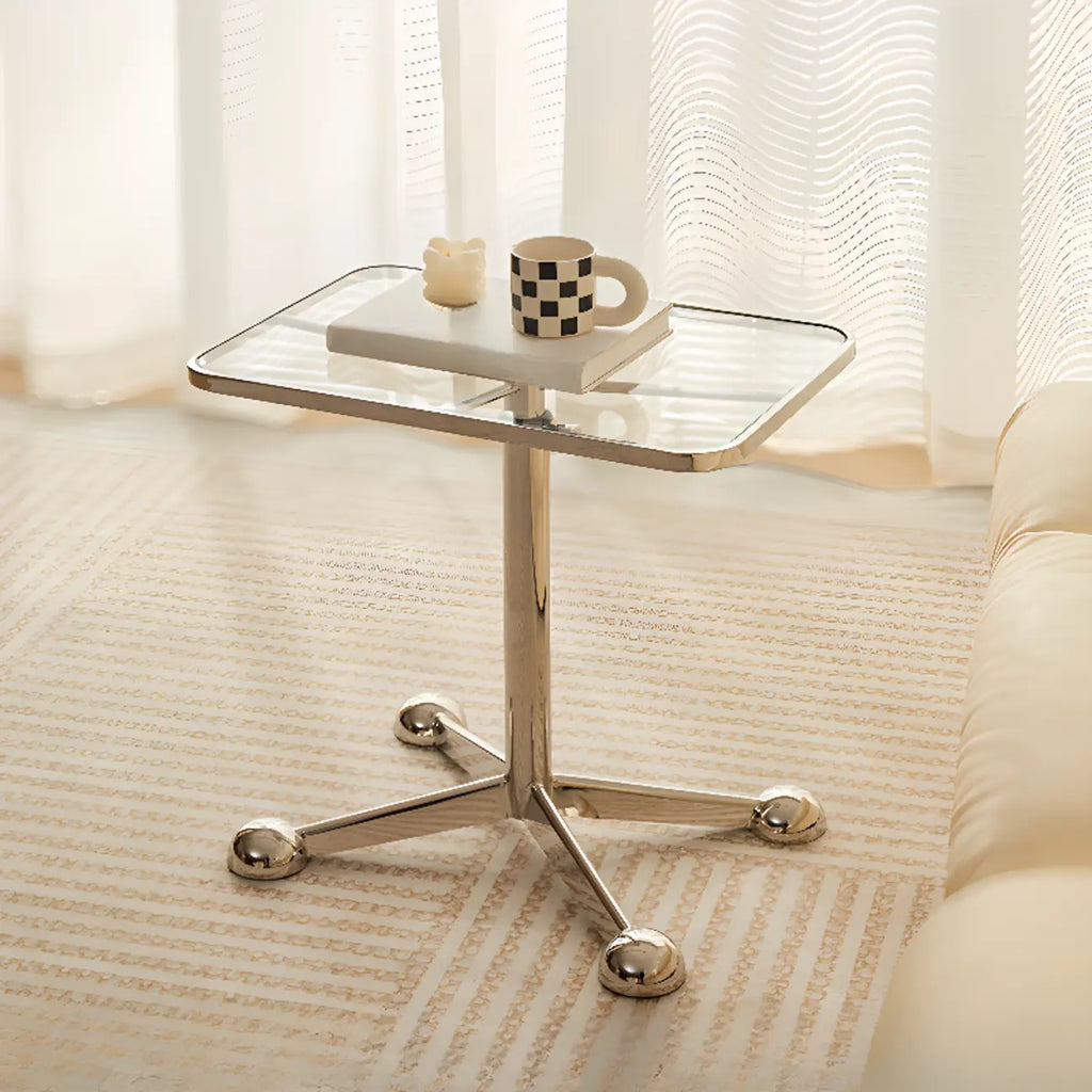 Adjustable Glass Side Table with Wheels and Metal Legs