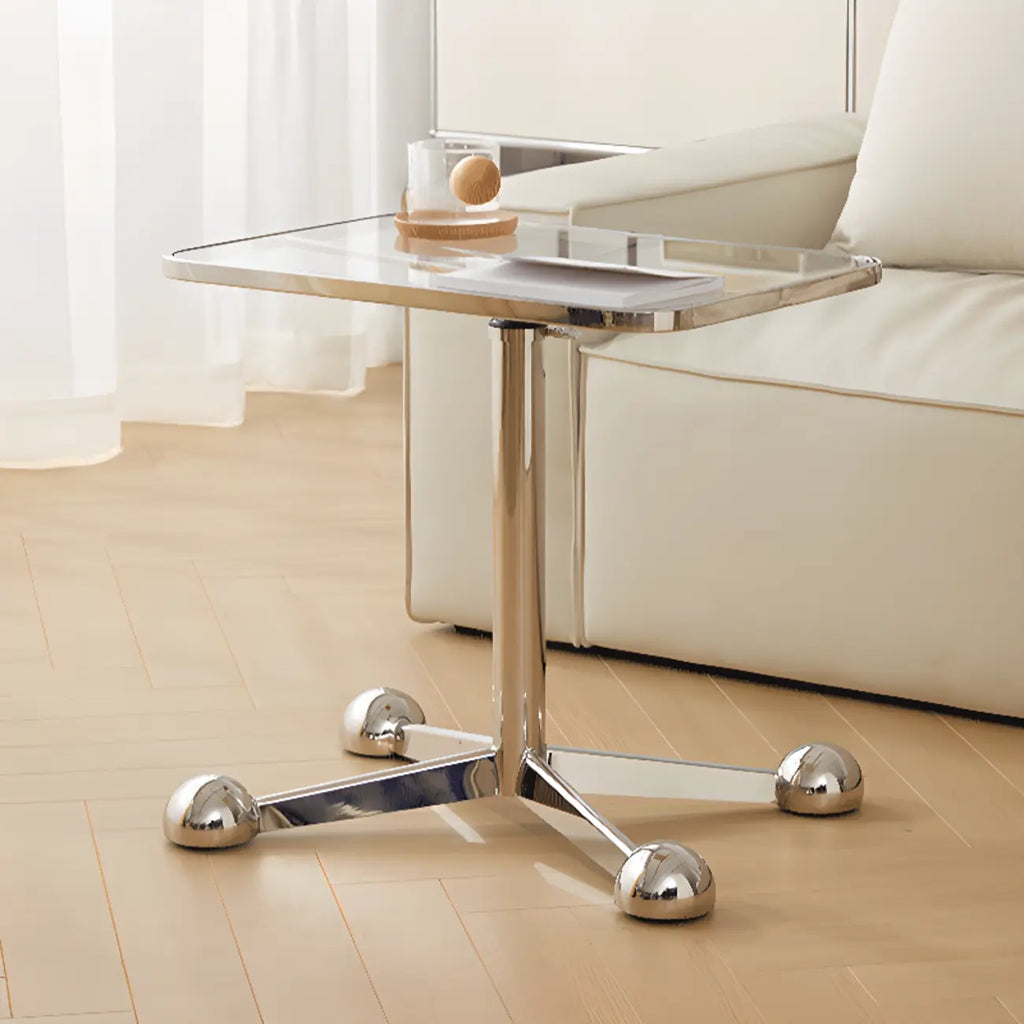 Adjustable Glass Side Table with Wheels and Metal Legs