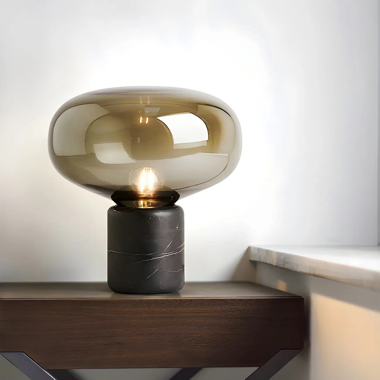 Modern Smoke Grey Glass Dome Table Lamp for Living Room