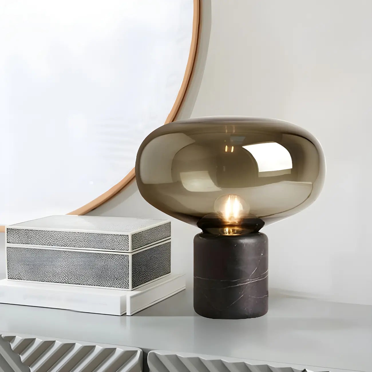 Modern Smoke Grey Glass Dome Table Lamp for Living Room