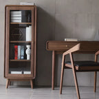 2-Drawer Mid-Century Brown Accent Cabinet with Gass Door