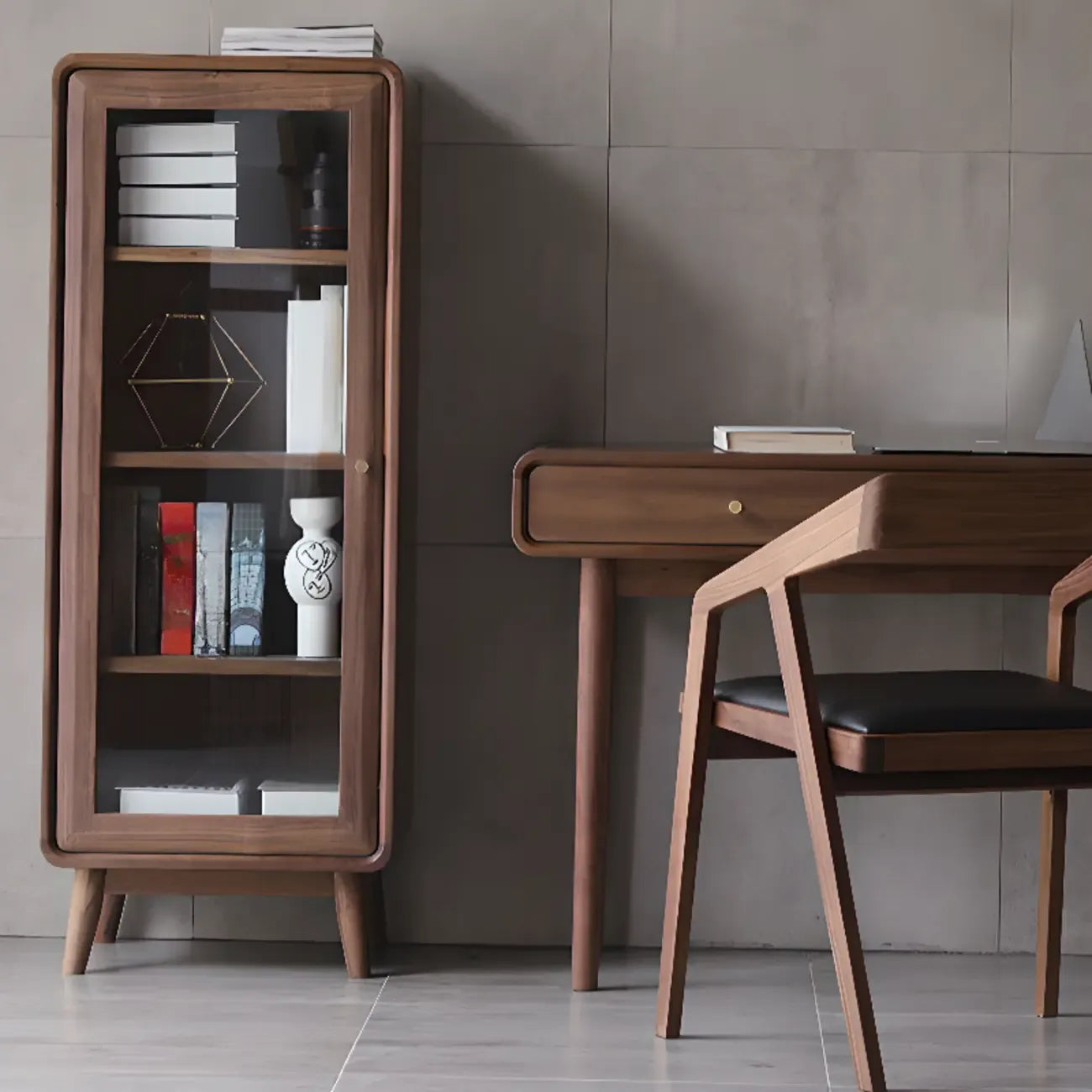 2-Drawer Mid-Century Brown Accent Cabinet with Gass Door