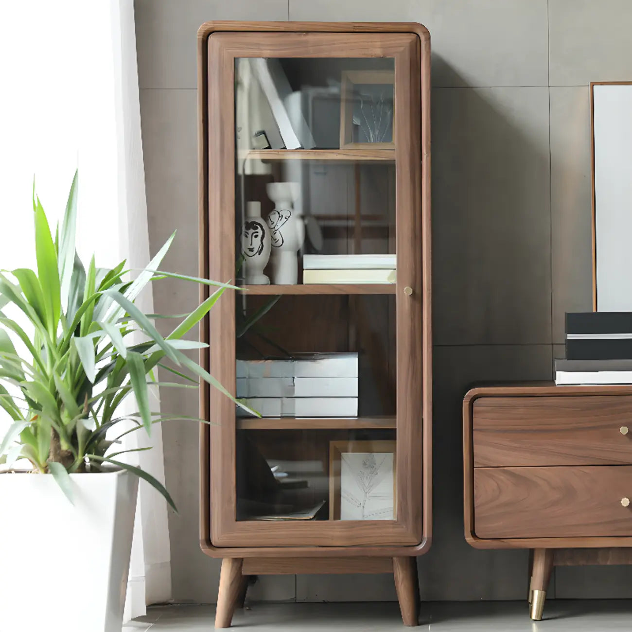 2-Drawer Mid-Century Brown Accent Cabinet with Gass Door