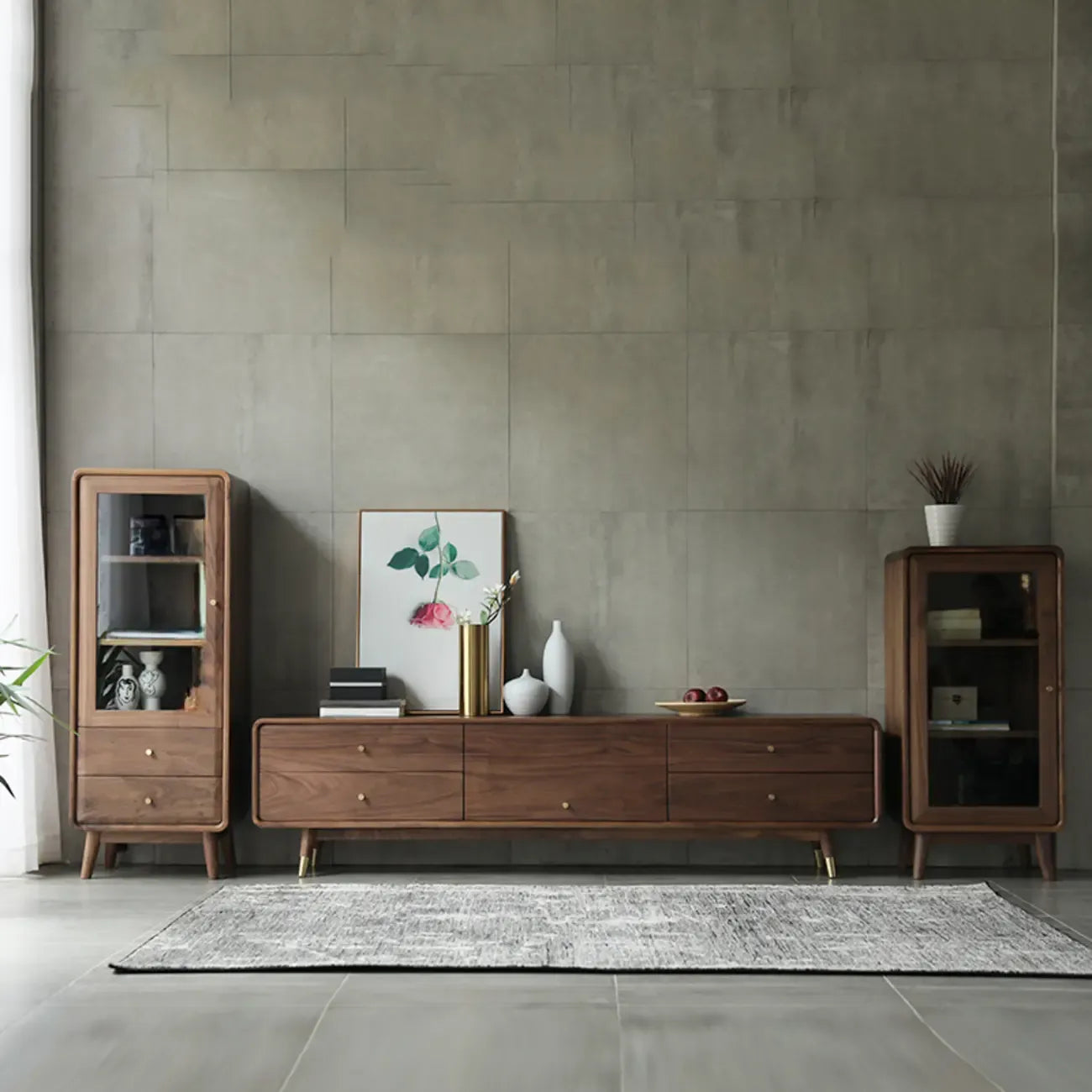 2-Drawer Mid-Century Brown Accent Cabinet with Gass Door