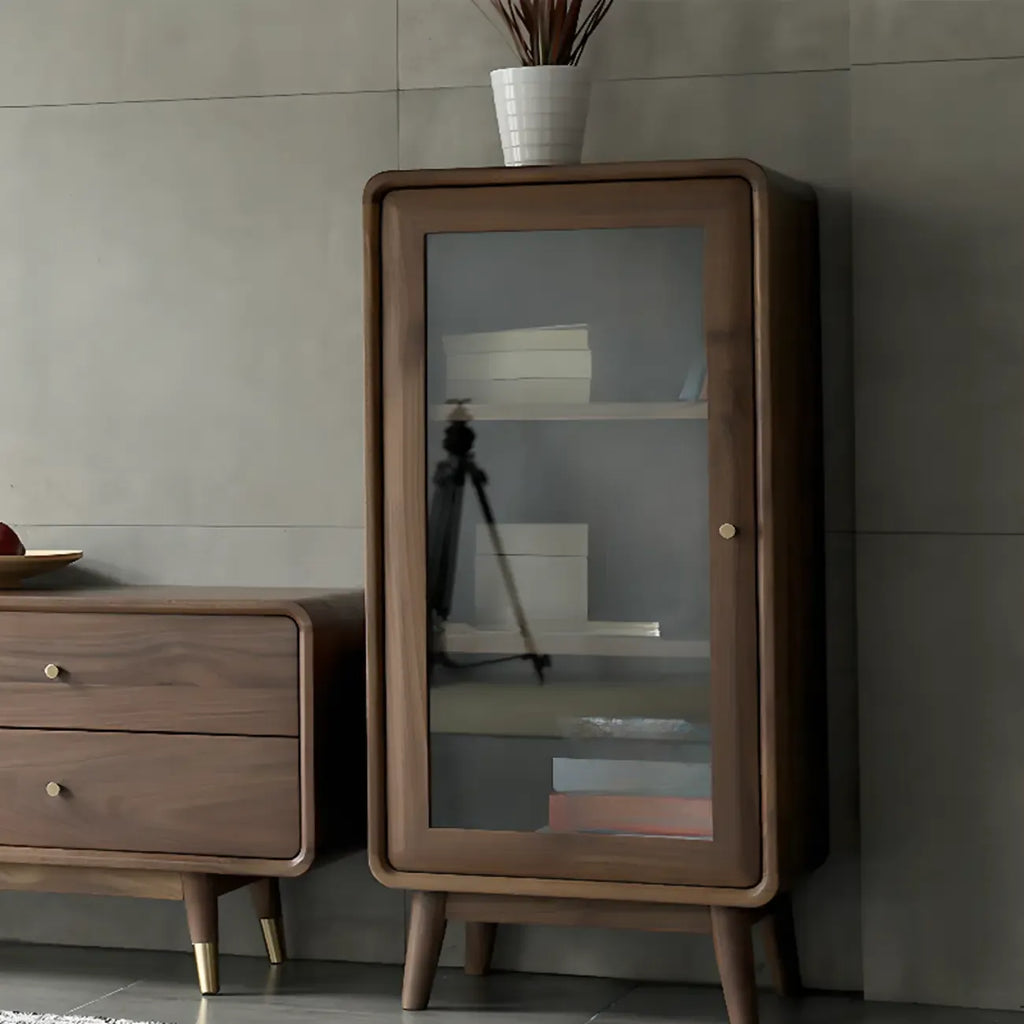 2-Drawer Mid-Century Brown Accent Cabinet with Gass Door