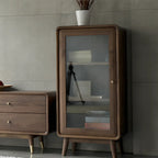 2-Drawer Mid-Century Brown Accent Cabinet with Gass Door