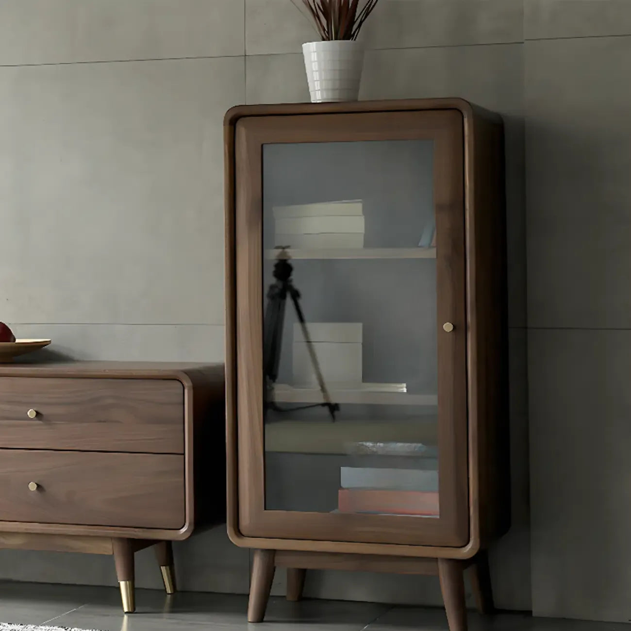 2-Drawer Mid-Century Brown Accent Cabinet with Gass Door