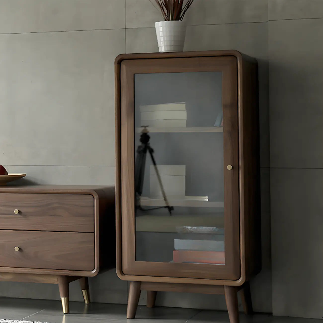 2-Drawer Mid-Century Brown Accent Cabinet with Gass Door