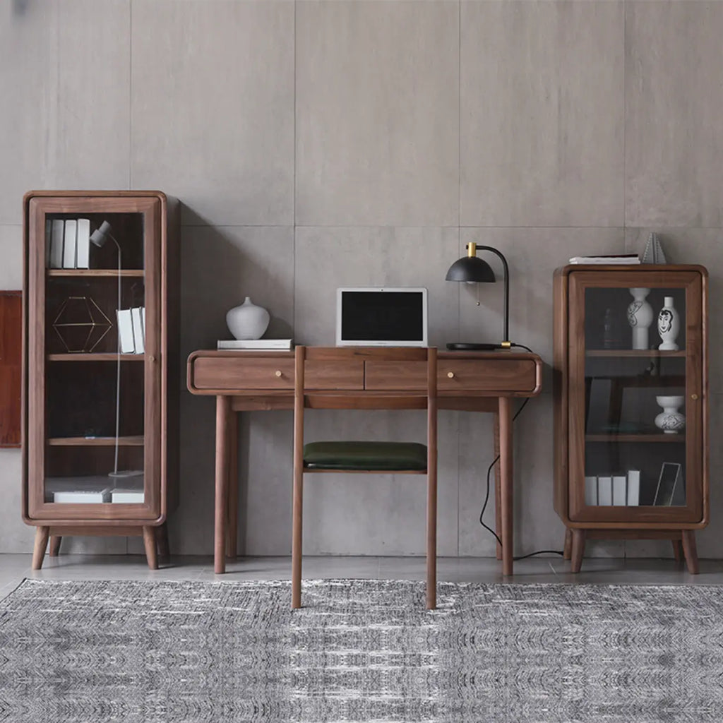 2-Drawer Mid-Century Brown Accent Cabinet with Gass Door