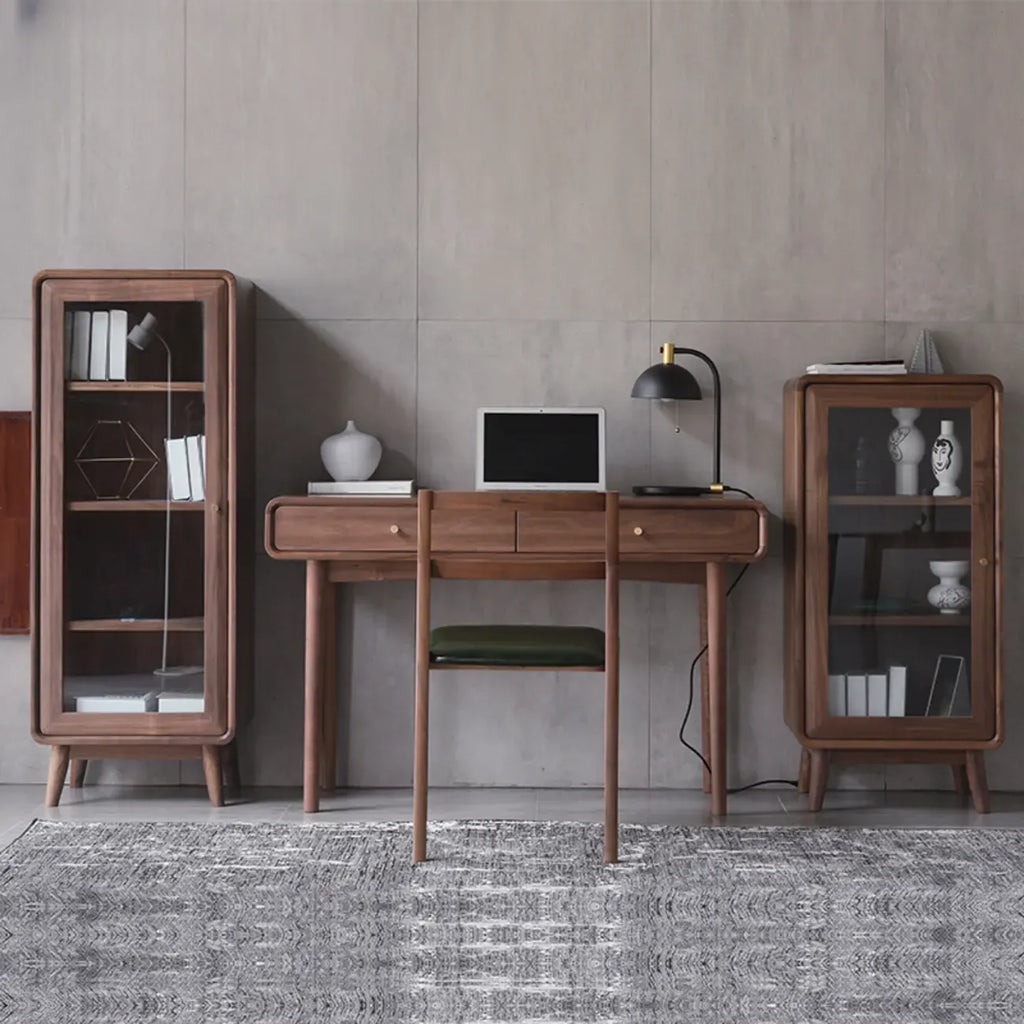 2-Drawer Mid-Century Brown Accent Cabinet with Gass Door