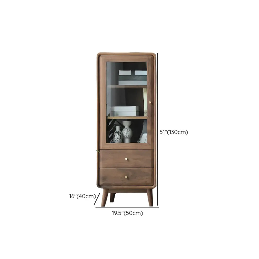 2-Drawer Mid-Century Brown Accent Cabinet with Gass Door