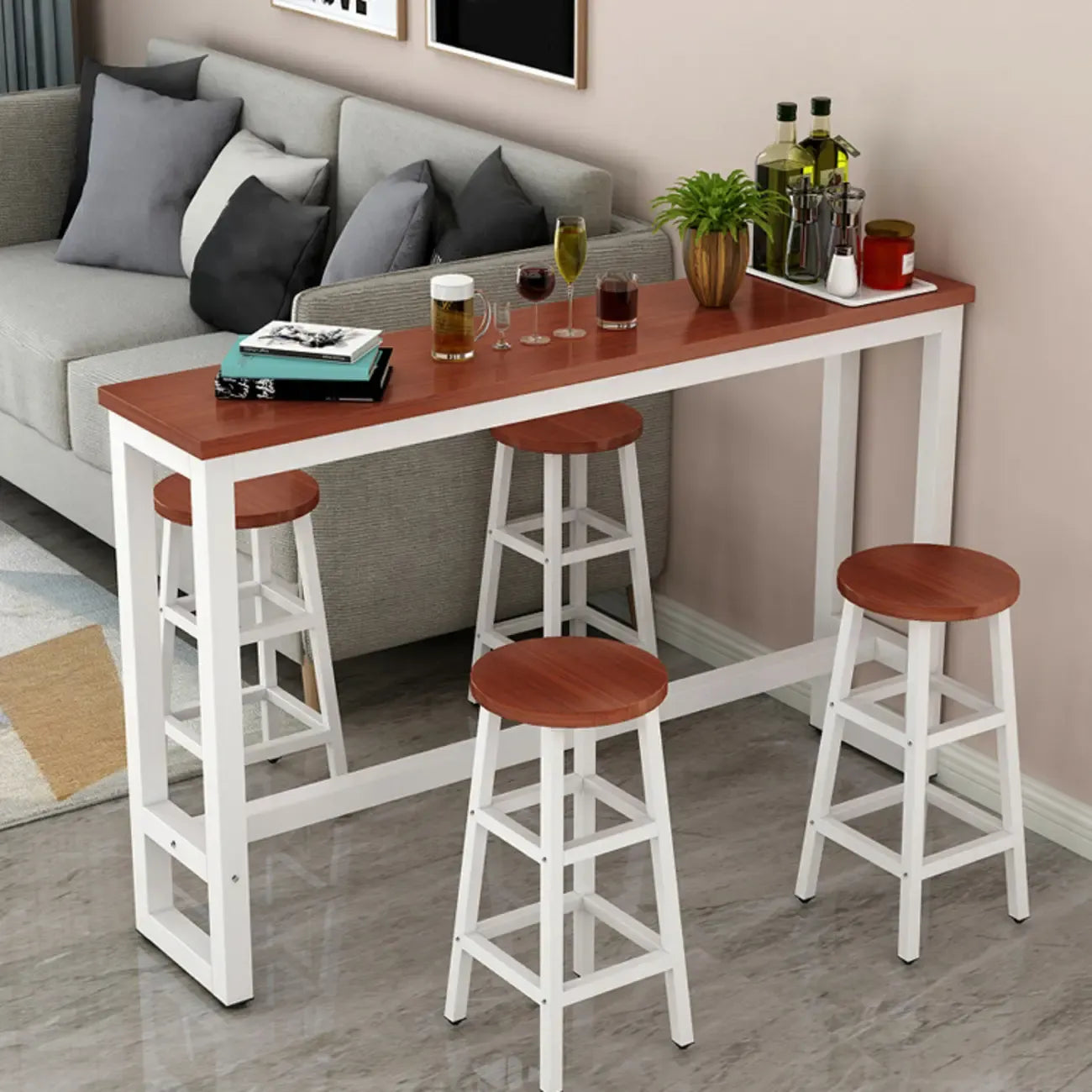 Elegant White Narrow Bar Table with Metal Footrest for Modern Home Decor