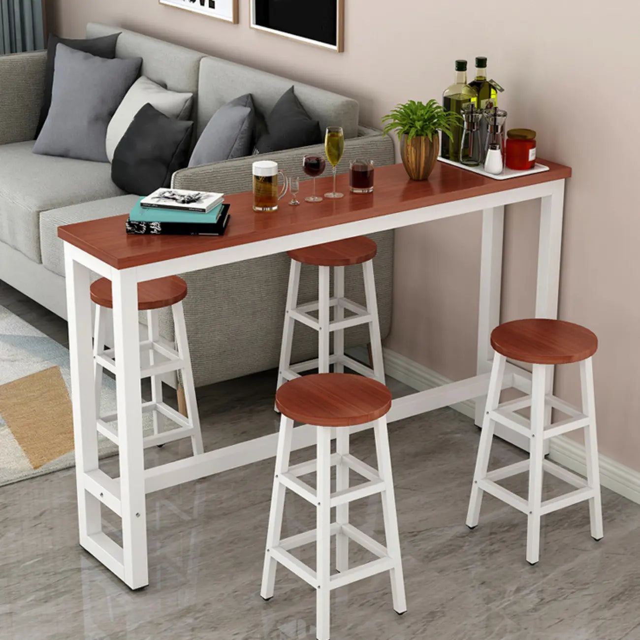 Elegant White Narrow Bar Table with Metal Footrest for Modern Home Decor