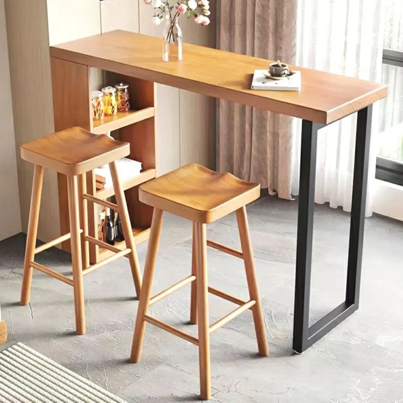 Modern Wooden Rectangular Bar Table with Storage Rack for Living Room
