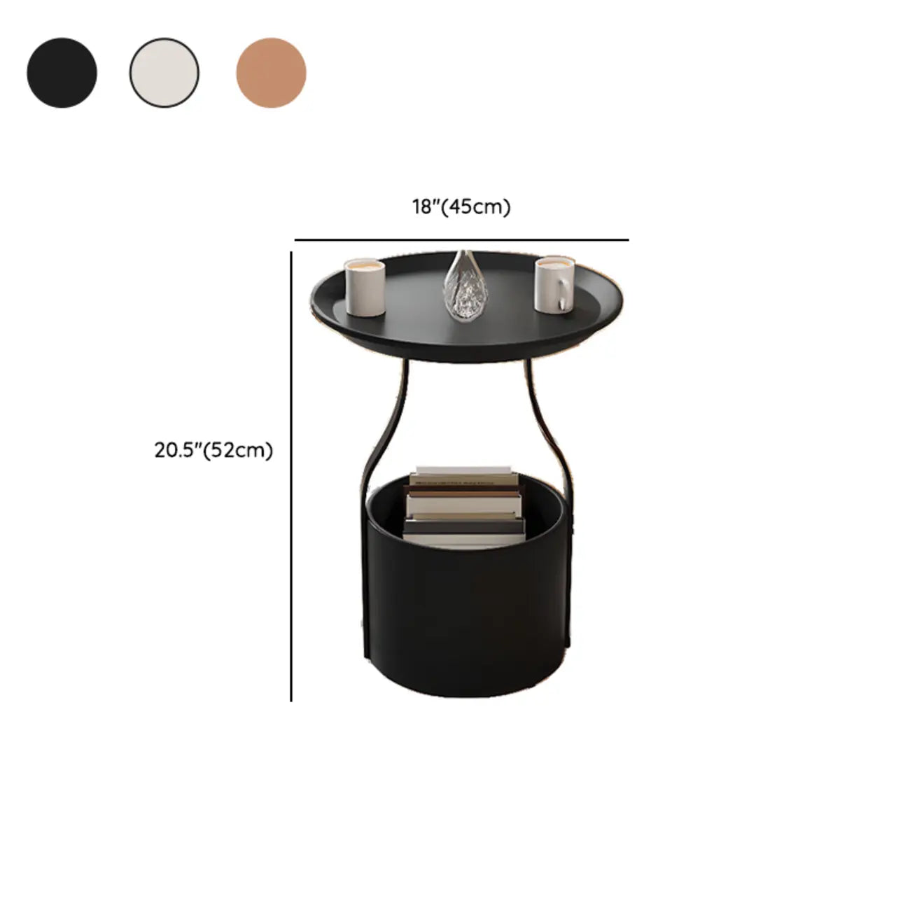 Metal Tray Top Black Side Table with Storage for Living Room