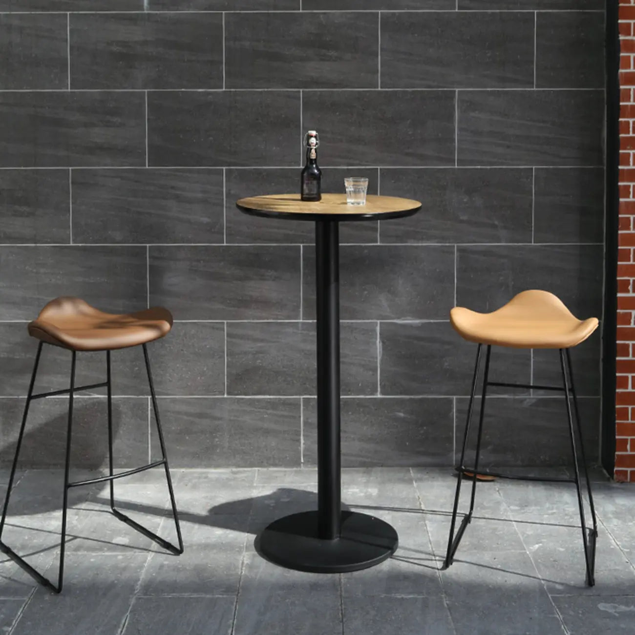 Elegant Wooden Pub Bar Table with Black Metal Base for Cafe