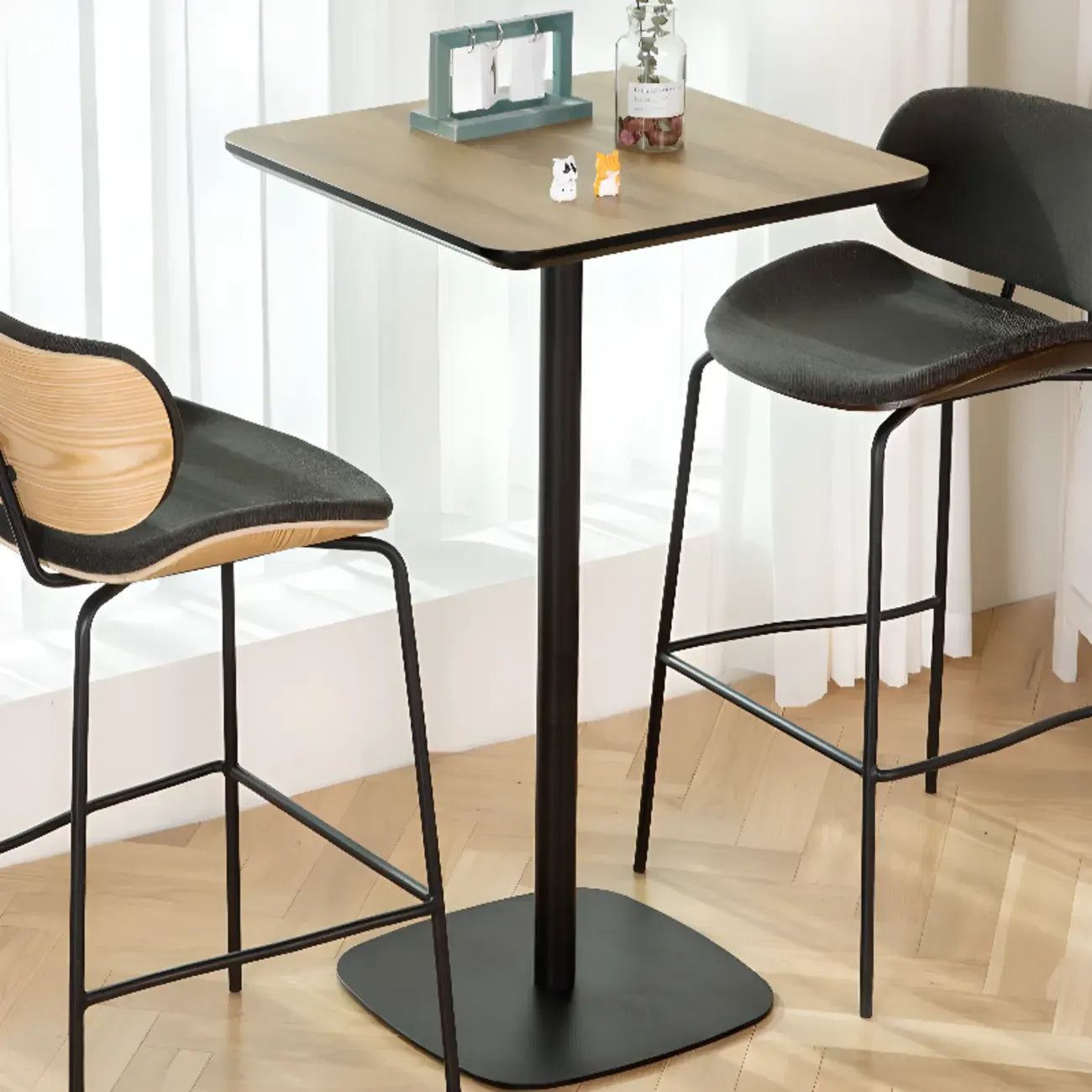Elegant Wooden Pub Bar Table with Black Metal Base for Cafe