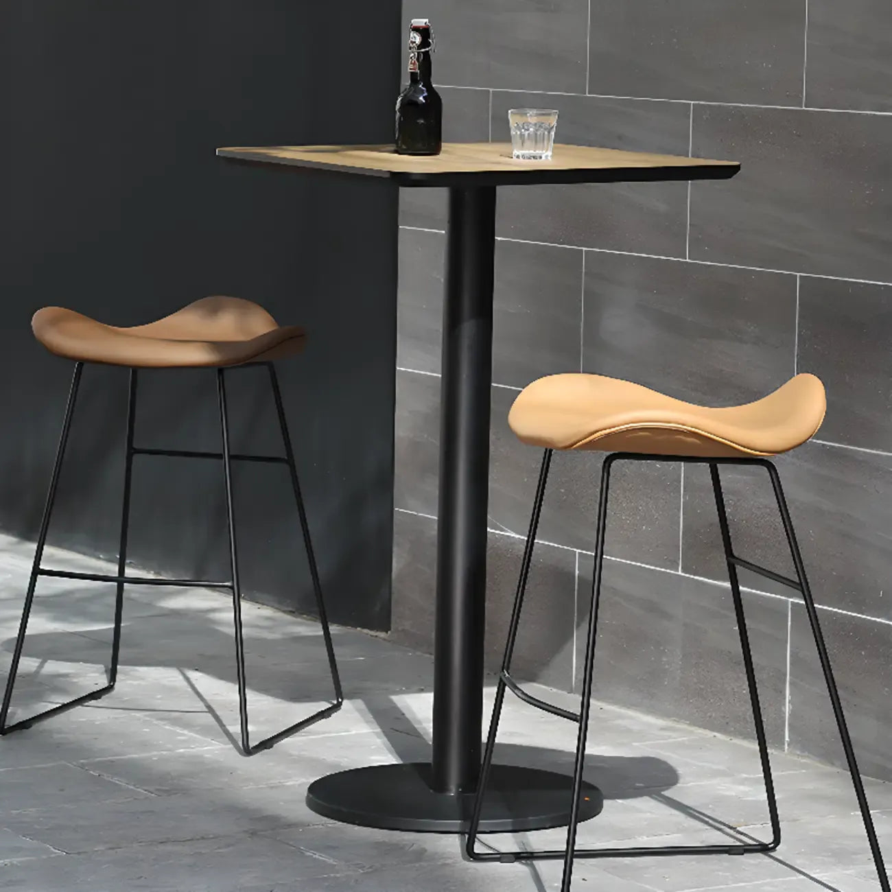 Elegant Wooden Pub Bar Table with Black Metal Base for Cafe